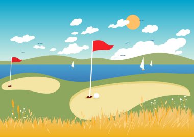 Buğday tarlasıyla yaz sahili manzaralı golf sahası. Göl ya da deniz kenarında bayraklı golf sahası. Vektör illüstrasyonu