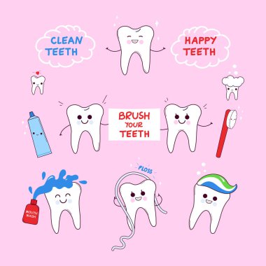 Komik, sevimli diş hijyeni seti çizgi film karakterleri gülümsüyor. Temiz ve mutlu dişler, dişlerinizi fırçalayın. Tatlı çocuk dişçi ofisi çizgi filmleri. Vektör illüstrasyonu