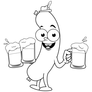 Bira servisi yapan çizgi film sosisi. Komik Oktoberfest sucuklu sosisli ve içkili maskot. Vektör siyah ve beyaz renk sayfası.