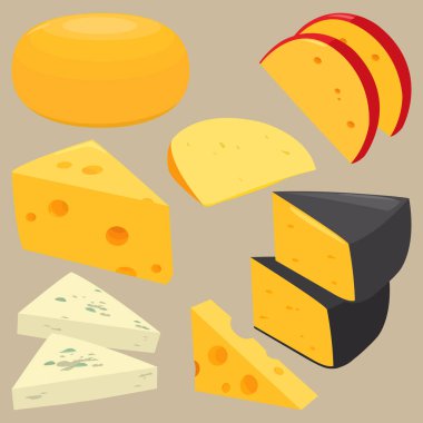 Parçalar halinde dilimlenmiş çeşitli peynir türleri. Süt ürünleri seti, Edam, parmesan peyniri, mozarella peyniri. Vektör illüstrasyon koleksiyonu