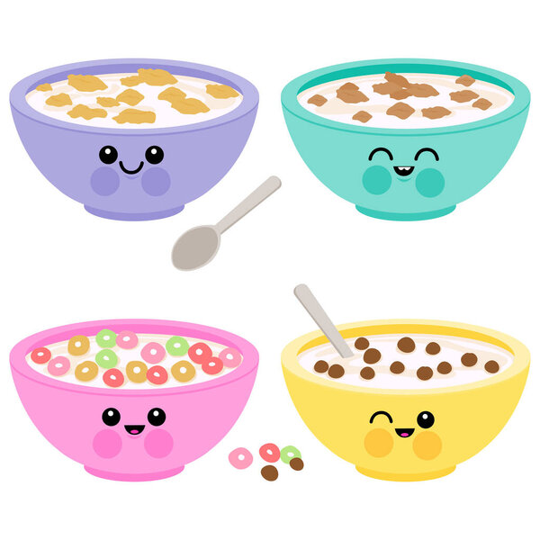 Set of cute bowls of breakfast cereal in different flavors. Cereal breakfast bowl characters set, cornflakes with milk, chocolate, colorful cereal. Corn flakes and porridge oatmeal. Vector illustration