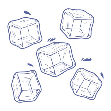 Erimiş buz küpleri taslak sembolü koleksiyonu. El çizimi mürekkep çizimi. Buz küpleri beyaz arka planda izole edilmiş soğuk içecekler için. Buz kalıpları ve erimiş buz küpleri. Vektör illüstrasyonu.