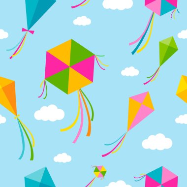 Güzel renkli uçurtmaları ve gökyüzünde bulutları olan kusursuz bir desen. Arka planda mavi gökyüzünde çeşitli şekillerde ve renklerde mutlu uçurtmalar uçuşuyor. Vektör illüstrasyonu