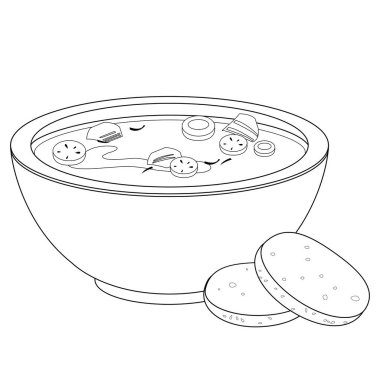 Bir kase tavuk çorbası. Sebzeli ev yapımı çorba, dilimlenmiş ekmekli tavuk çorbası. Vektör siyah ve beyaz renk sayfası.