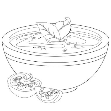 Bir kase ev yapımı domates çorbası fesleğen yaprağı ve dilimlenmiş domatesle servis edilir. Gazpacho ya da soğuk kırmızı domates çorbası. Vektör siyah ve beyaz renk sayfası.