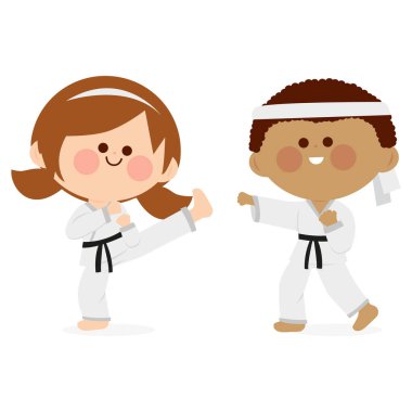 Çocuk eğitimleri, kız ve erkek karate sporcuları dövüş sanatları üniformaları içinde. Karate, tekvando, judo, jujitsu, kickboks veya kung fu kıyafetleri. Vektör illüstrasyonu