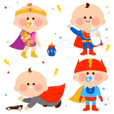 Süper kahraman bebekler. Süper kahraman kostümleri, maskeleri ve pelerinleriyle süper güçleri olan mutlu, aktif bir bebek. Karnaval üniformalı çizgi film kızları ve oğlanlar. Karakterler belirlendi. Vektör illüstrasyonu