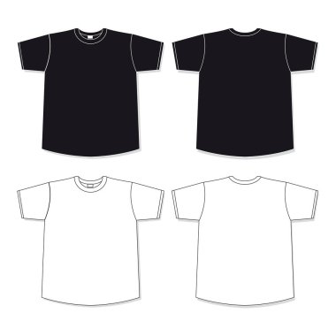 Tişört için şablonlar. Erkekler ve kadınlar için siyah ve beyaz bir tişörtün ön ve arka görüntüsü. Beyaz arka planda izole edilmiş şekilde tasarla. Moda kıyafetleri için boş tekstil baskı şablonu. Vektör illüstrasyonu