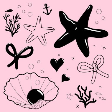 Şirin semboller. Coquette kıyı estetik dekoratif unsurları. Plaj partisi aksesuarları, yaylar, denizyıldızı, çapa, inci, mercan ve kalpli romantik deniz kabuğu. Vektör illüstrasyonu