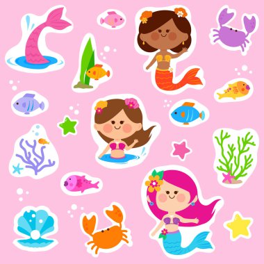 Denizkızı çıkartması, planlayıcı ve defter. Çocuklar için güzel deniz kızı çıkartmaları. Şirin deniz kızı etiketleri, deniz ve okyanus temalı balık, yengeç ve deniz yıldızı etiketleri. Vektör illüstrasyonu
