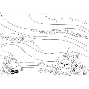 Renkli deniz canlılarıyla dolu su altı deniz hayvanları. Ahtapot, deniz kestanesi, denizyıldızı ve deniz altı balığı. Vektör siyah ve beyaz renk sayfası.