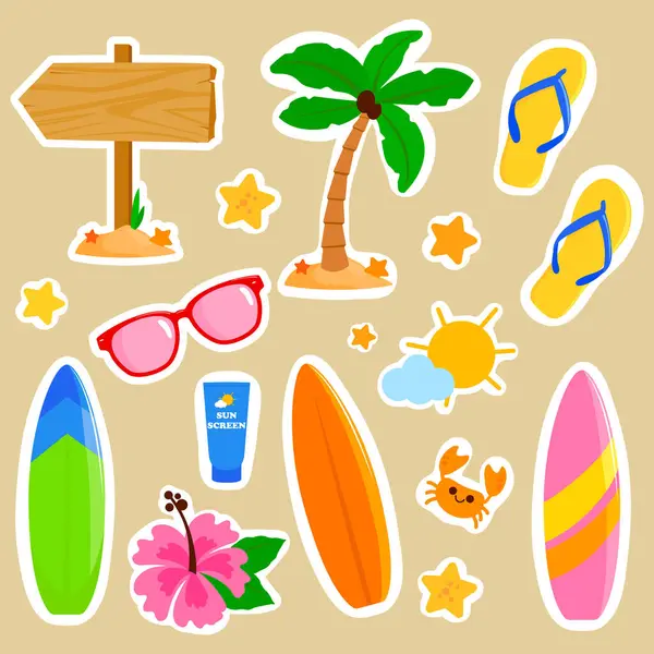 Renkli sörf etiketleri, ajandası ve albümü. Plaj sporları, sörf tahtaları, palmiye ağaçları. Çocuklar için ada yaz tatili çıkartmaları. Vektör illüstrasyonu