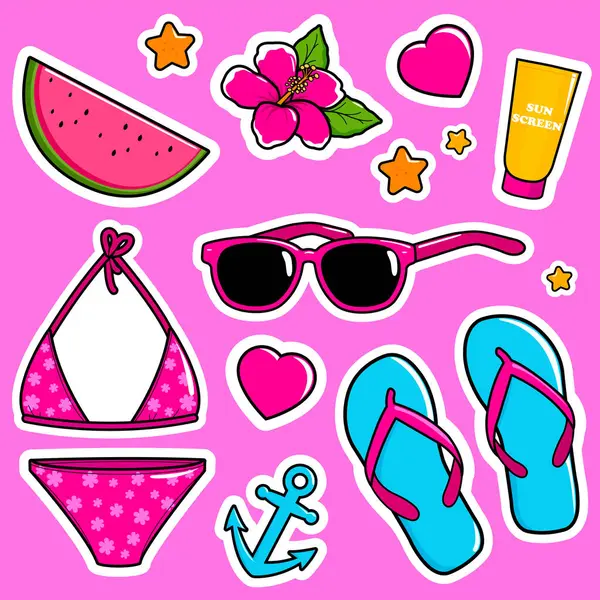 Çocuklar için yaz tatili çıkartması. Ada denizinde yüzmek için hazırlanmış çıkartma kağıdı. Yaz tatili seti. Güzel çıkartma kağıdı, planlayıcı ve defter. Vektör illüstrasyonu