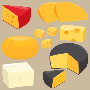 Süt ürünleri seti, dilimlenmiş peynir. Çeşitli peynir çeşitleri, mavi peynir, emmental, gouda, çedar, parmesan, peynir veya İsviçre peyniri. Vektör illüstrasyonu