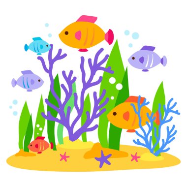 Denizin altında renkli balıklar, denizyıldızları ve mercanlar. Mercan resifi, sualtı deniz yaşamı. Okyanus akvaryumu ya da deniz sularında renkli yosun bitkileri ve hayvan balıkları, deniz manzarası. Balık, denizyıldızı ve mercanlarla deniz ve okyanus teması. 