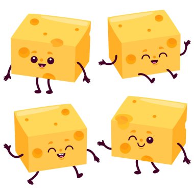 Süt ürünleri seti, dilimlenmiş karikatür peyniri. Sarı peynirli karakterler, emmental, gouda, çedar, parmesan veya İsviçre peyniri. Vektör illüstrasyonu