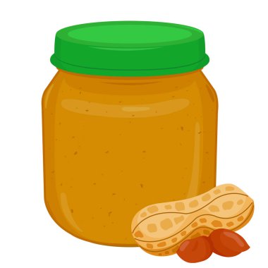 Kavanozda fıstık ezmesi. Kahvaltıda taze fıstıklardan yapılan lezzetli organik tereyağlı abur cubur. Vektör illüstrasyonu