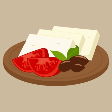 Feta peyniri ve zeytinli domates dilimleri. Domates ve zeytinli tahta kesim tahtasının üzerinde geleneksel Yunan peyniri parçaları. Yunanistan 'dan süt ürünü aperatifi. Vektör illüstrasyonu
