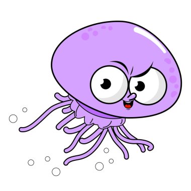 Çizgi film denizanası. Denizde yüzen deniz hayvanı. Suyun altında tuhaf kızgın Medusa iğnesi. Vektör İllüstrasyonu