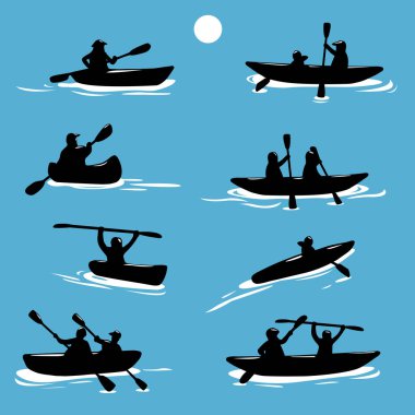 Su dalgalarının üzerinden geçmek için kano kullanan insanların spor siluetleri. İnsanlar kanoda rafting yapıyor ya da sandallarda kürek çekiyor. Vektör İllüstrasyonu