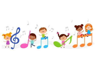 Bir grup çocuk müzik yapıyor. Küçük çocuklar arkadaşlarıyla şarkı söyleyip dans ediyorlar. Müzikal pentagramda şarkı söyleyen ve notalarla oynayan çocuklar. Erkekler ve kızlar müzik okulu aktivitesi. Vektör İllüstrasyonu