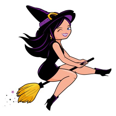 Gökyüzünde uçan sihirli süpürgesi olan güzel cadılar bayramı cadısı. Cadılar Bayramı partisi için cadı kostümlü bir karikatür. Vektör illüstrasyonu