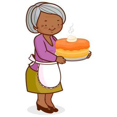 Büyükanne elinde taze pişmiş balkabağı turtası tutuyor. Mutfaktan Şükran Günü pastası servisi yapan yaşlı kadın. Kremalı balkabağı turtası. Sonbahar sezonu Şükran Günü yemeği ve pişmiş balkabaklı tatlı. Vektör illüstrasyonu