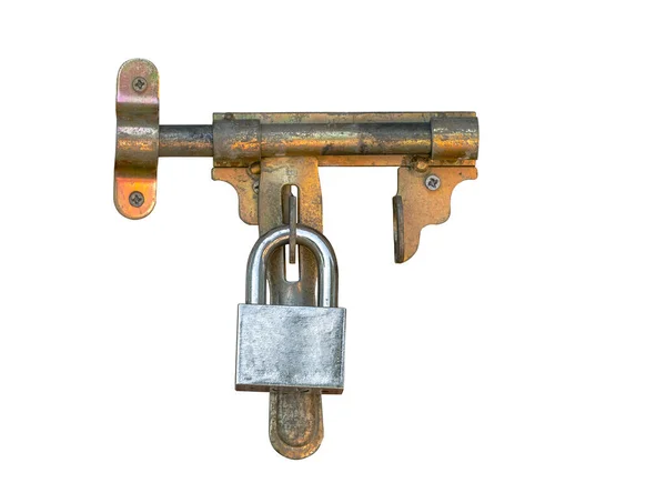 白色背景的孤立的旧挂锁和螺丝 银色挂锁和黄铜螺丝 使用和风化条件 — 图库照片