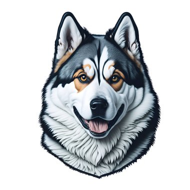 Alaskan Malamute 'un şirin karikatür stili, şirin baş köpek, ihtiyacı olan köpeğin etrafında küçük beyaz bir alan için dosya kesiyor. El yapımı bir görüntü. Beyaz arka planda izole edilmiş köpek.