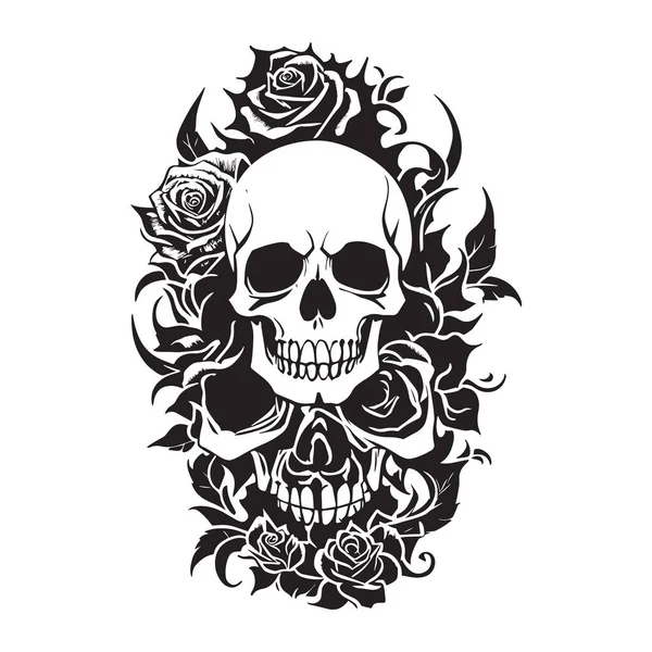 Czarno Biała Ludzka Czaszka Róże Ilustracja Ludzkiej Czaszki Róż Tatuażu — Zdjęcie stockowe