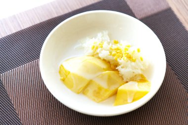 Mango Yapışkan Pirinç adlı Tayland çölünü kapatın. Kızarmış yeşil fasulye ve hindistan cevizi sütü soslu mangolu pilav. Plasemat üzerine basit beyaz tabak, doğal hafif besin görüntüsü..