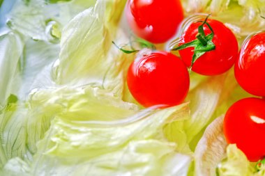 Suyla ıslanmış marul ve kiraz domateslerinin makro görüntüsüyle soyut arkaplan, boşluklu manzara.. 