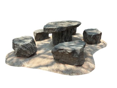 Taş masa seti, izole taş masa ve beyaz arka plandaki mobilyalar için sandalye..