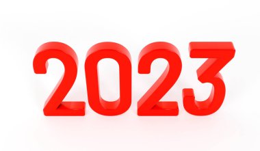 Mutlu yıllar 2023 metinleri. Beyaz arka planda 2023 kırmızı metni. 3d resimleme.