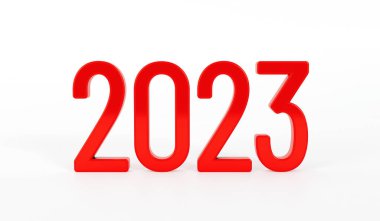 Mutlu yıllar 2023 metinleri. Beyaz arka planda 2023 kırmızı metni. 3d resimleme.