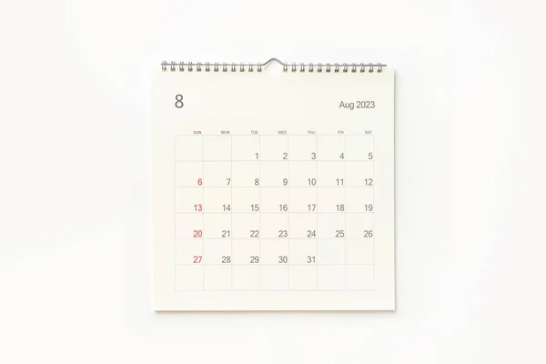 stock image August 2023 calendar page on white background. Calendar background for reminder, business planning, appointment meeting and event.