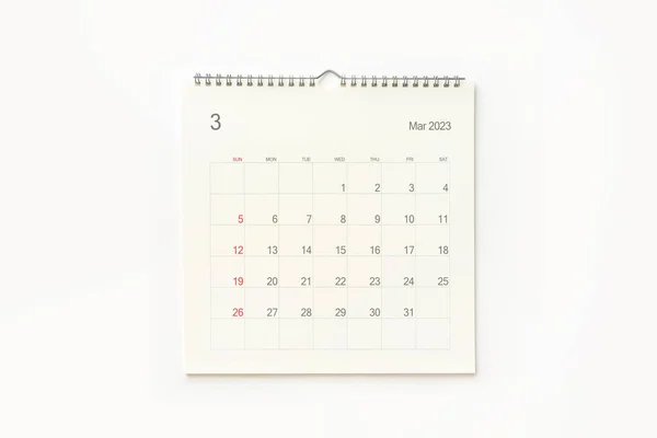 Μάρτιος 2023 Ημερολογιακή Σελίδα Λευκό Φόντο Ιστορικό Ημερολογίου Για Υπενθύμιση — Φωτογραφία Αρχείου