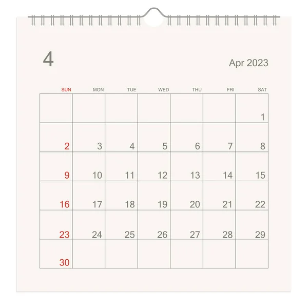 Abril 2023 Página Del Calendario Sobre Fondo Blanco Antecedentes Del — Archivo Imágenes Vectoriales