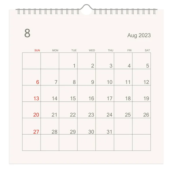 Augusti 2023 Kalendersida Vit Bakgrund Kalender Bakgrund För Påminnelse Affärsplanering — Stock vektor