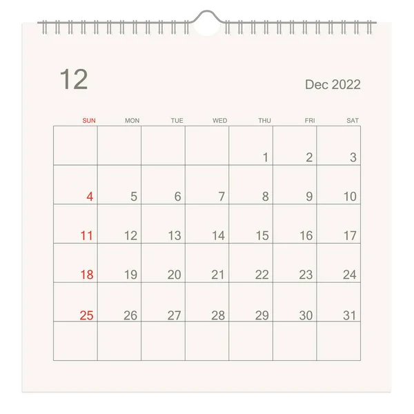 Grudzień 2022 Strona Kalendarzowa Białym Tle Kontekst Kalendarza Dla Przypomnienia — Wektor stockowy