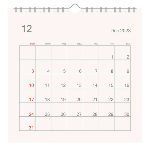 2023年12月白底日历页 用于提醒 业务规划 约会和活动的日历背景 周从星期天开始 矢量说明 — 图库矢量图片