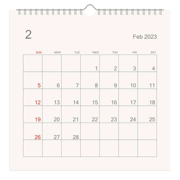 2023年2月白底日历页 用于提醒 业务规划 约会和活动的日历背景 周从星期天开始 矢量说明 — 图库矢量图片