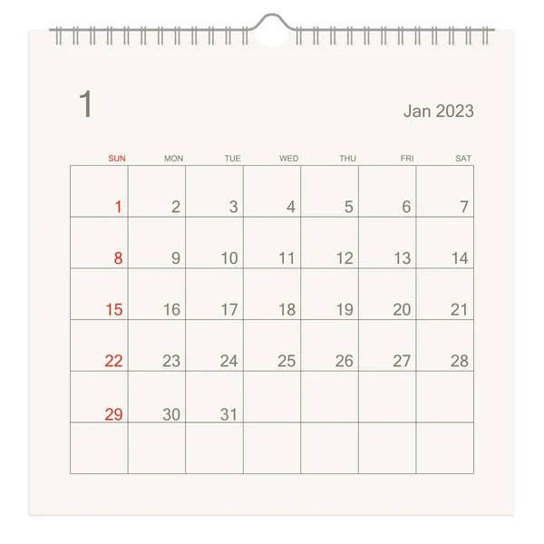 Styczeń 2023 Strona Kalendarzowa Białym Tle Kontekst Kalendarza Dla Przypomnienia — Wektor stockowy