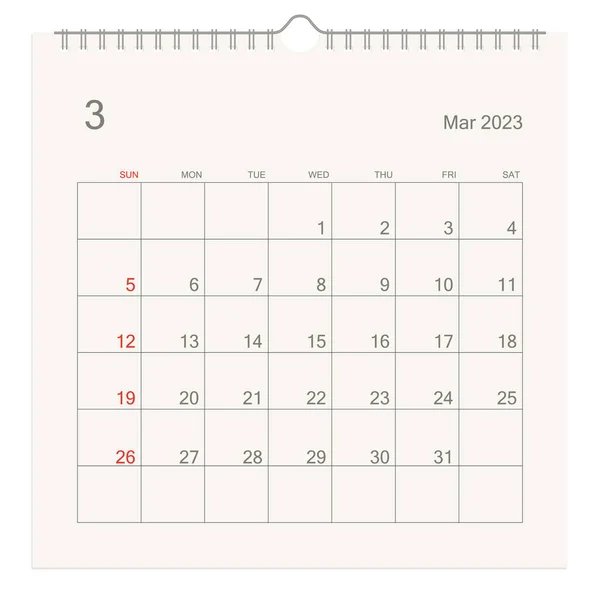2023年3月白底日历页 用于提醒 业务规划 约会和活动的日历背景 周从星期天开始 矢量说明 — 图库矢量图片