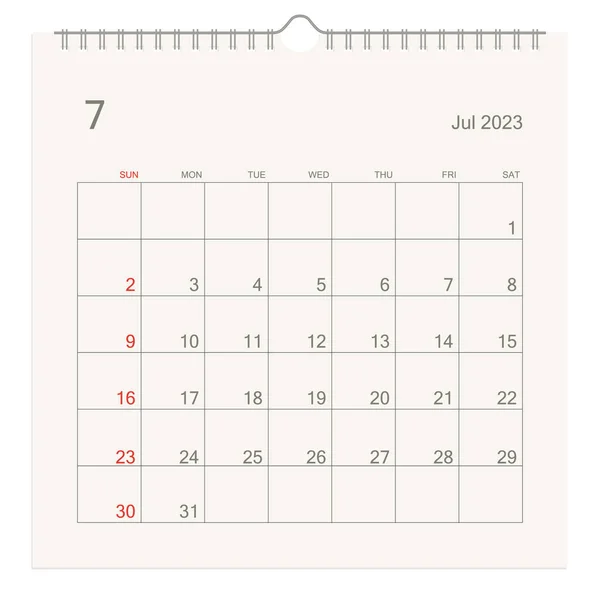 2023年7月白底日历页 用于提醒 业务规划 约会和活动的日历背景 周从星期天开始 矢量说明 — 图库矢量图片