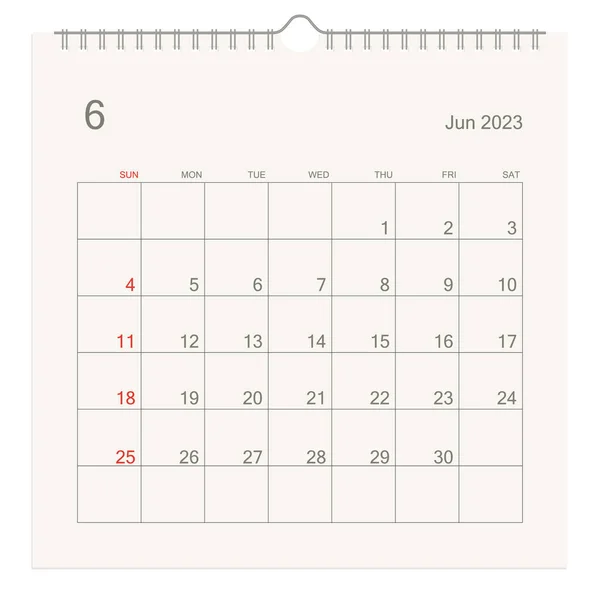 Czerwiec 2023 Strona Kalendarzowa Białym Tle Kontekst Kalendarza Dla Przypomnienia — Wektor stockowy