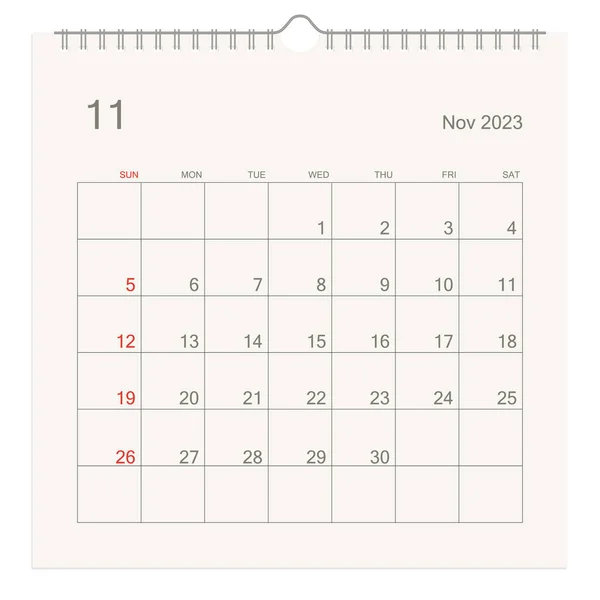 Ноябрь 2023 Календарная Страница Белом Фоне Календарный Фон Напоминания Бизнес — стоковый вектор