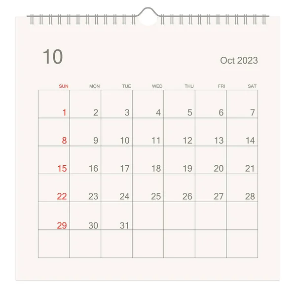 2023年10月白底日历页 用于提醒 业务规划 约会和活动的日历背景 周从星期天开始 矢量说明 — 图库矢量图片