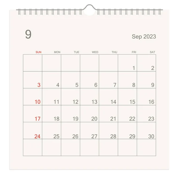 September 2023 Kalenderpagina Witte Achtergrond Kalender Achtergrond Voor Herinnering Bedrijfsplanning — Stockvector