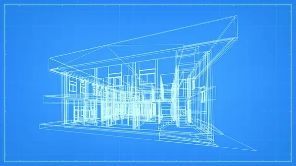 Perspektif Render Arsitektur Wireframe Konstruksi Bingkai Rambut Bangunan Ilustrasi Vektor - Stok Vektor